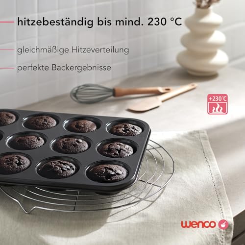 Foto von wenco Muffinform 12er – antihaft Backblech / Spülmaschinengeeignet / Karbonstahl – Muffinblech für 12 Muffin – Hitzebeständig bis 220°C, nur wenig Fett oder Butter zum Backen benötigt