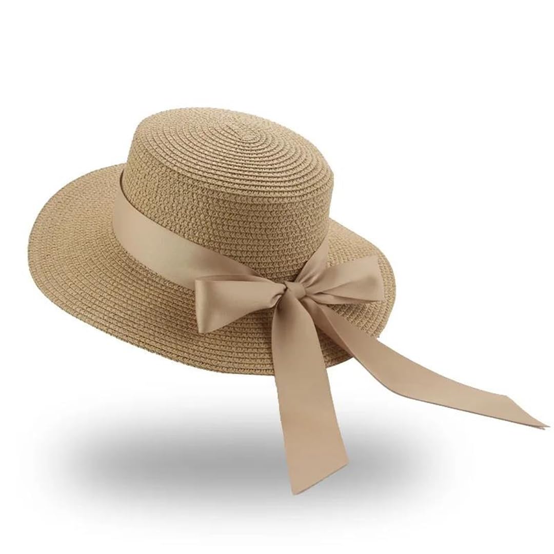 Yeuyyben Cappello da pescatore estivo da donna, cappello da spiaggia, cappelli di paglia per le donne con fiocco a nastro con parte superiore piatta elegante cappelli di paglia Sombrer
