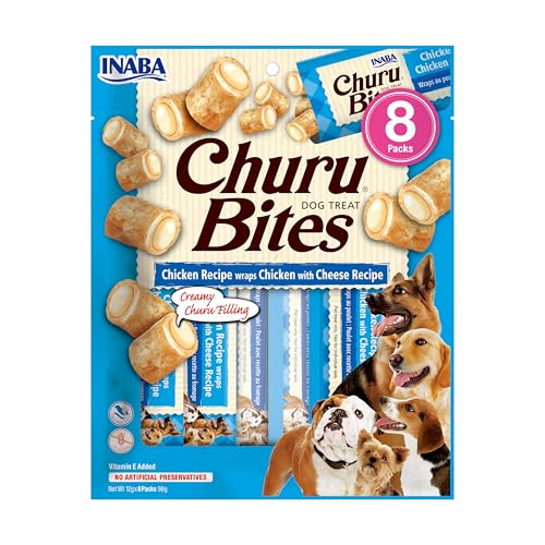 INABA Churu Bites Perros - Receta de Pollo con Queso - Palitos crujientes con Relleno cremoso, Aperitivo Delicioso y Saludable - Alimento con Proteínas, sin colorantes ni conservantes, 96g (8x12g)