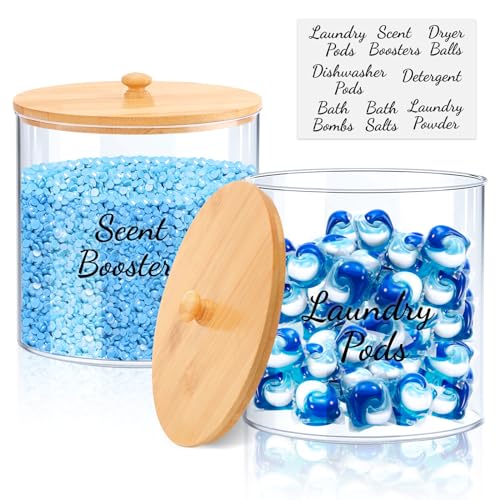 TCJJ 2pcs Laundry Storage Containers With Labels,High-Capacity Plastic Washing Powder Storage,Bathroom Laundry Pod Storage Container With Bamboo Lid,For Washing Pods,Bath Bombs,Scent Booster