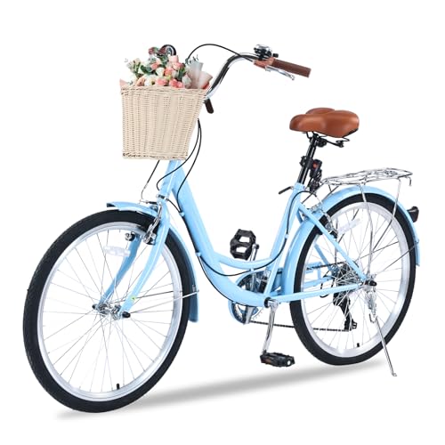 EVGTTI Women's Beach Cruiser Bike, 7-Speed Twist Shifters, 24' Wheels with Rattan Front Basket Adjustable Seat and Rear Rack Step-Through City Commuter Bike for Adults