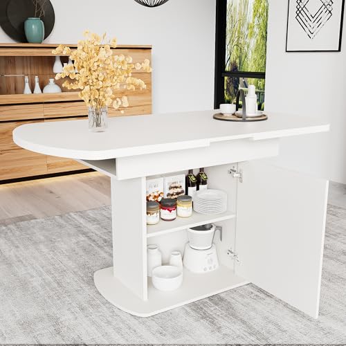Merax Esstisch Holz, Ausziehbar Esszimmertisch mit Stauraum, Ovaler Küchentisch für Wohnzimmer und Esszimmer, 110/130L x 70B x 75H cm, Weiß Merax Esstisch Holz, Ausziehbar Esszimmertisch mit Stauraum, Ovaler Küchentisch für Wohnzimmer und Esszimmer, 110/130L x 70B x 75H cm, Weiß