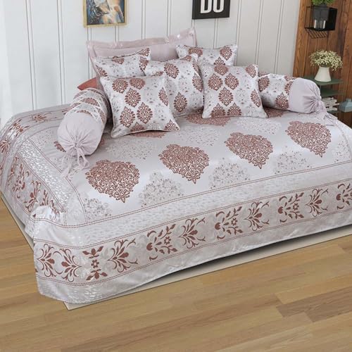Image of Victor Poly Cotton 8-Piece Diwan Set | 1 Bedcover, 2 Bolsters, 5 Cushion Covers | Soft, Durable & Washable for Bedroom, Living Room & Sofa | Ideal Wedding & Housewarming Gift (Silver & Brown)