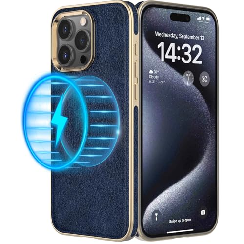LOHASIC for iPhone 15 Pro Case Leather – Soft Luxury Magnetic Cover Compatible with MagSafe Accessories, Classic Minimalist Designer i Phone 15 Pro Phone Case for Business Men Women, Blue