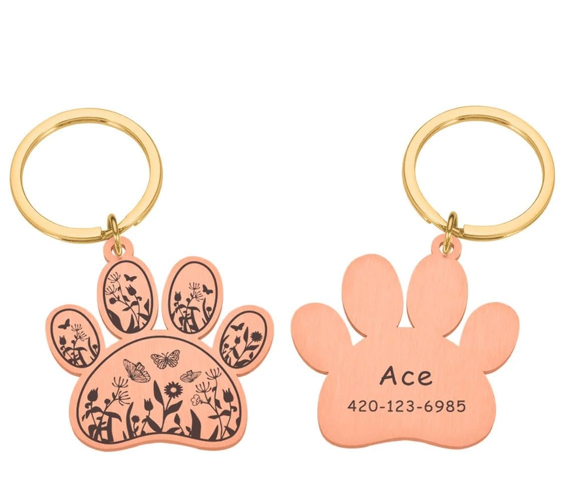 Adornkeys Floral Paw Dog Tag Personalized,Butterfly Wildflower Cat Tag,Engraved Name Number,Custom Pet id Tag,Stainless Steel Dog Tag for Dog Collar… (Rose Gold Paw Tag) (B0CGZVRW3Q) Amazon Price History, Amazon Price Tracker