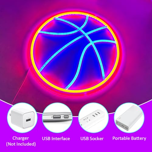 Image of Basketball Neon Sign, Sports Neon Sign, Basketball Room Decor, Multicolored (Orange, Blue), Acrylic