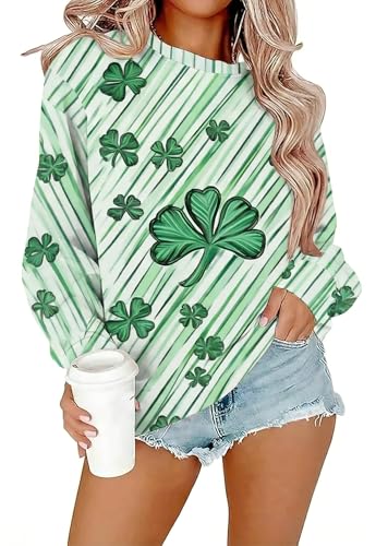 CJQCJQ Womens Lucky St. Patricks Day Shamrock Sweatshirt Irish Green Clover Print Long Sleeve Crewneck Pullover Tunic Top Casual Holiday Party Outfit Essentials 2026(A1-Green L)