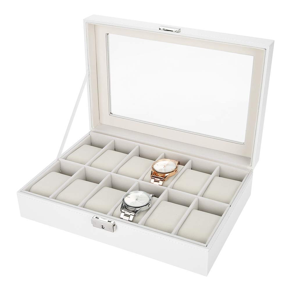 Uhrenbox, Schmuckschatulle, abschließbare Uhrenbox mit Glasdeckel, Uhren-Aufbewahrungsbox mit 12 Fächern für Damen und Herren Present