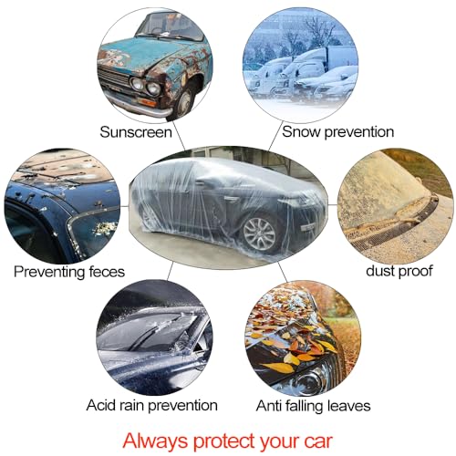 Image of 4 Packs Disposable Car Cover Clear Plastic Car Cover Universal Rain Dust Garage Cover with Elastic Band Medium (15.7FT x 24.6FT)