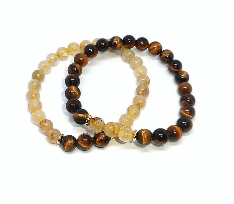 Tigers Eye & Rutilated Quartz 8mm Round Smooth beads Long Distance Couples Love Friendship Combo Bracelet Set - Couples Relationship Stretchable Bracelets set|BRCP_VG_2972