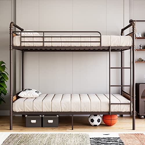 Metal Bunk Bed Twin Over Twin, Heavy Duty Bed with Safety Guard Rails, Heavy Duty Metal Slats, No Box Spring Needed,Vintage Brown