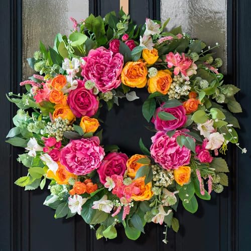 CHvista 24 Inch Spring Wreaths for Front Door Outside,Handcrafted Garden Rose & Peony Style Summer Wreath with Pink,Orange Ivory Flowers- Lush Spring Door Wreath for Farmhouse Home Wall Porch Window