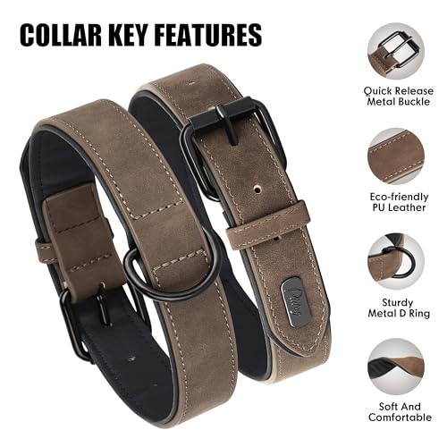 Didog Hundehalsband aus weichem, gepolstertem Leder, atmungsaktives, strapazierfähiges Hundehalsband aus Leder mit Verstellbarer rostfreier Metallschnalle für mittelgroße und große Hunde, Braun, M