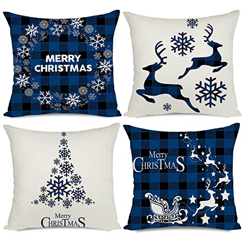 Artmag 18x18 Blue Christmas Pillow Covers, Decorative Outdoor Farmhouse Buffalo Plaid...