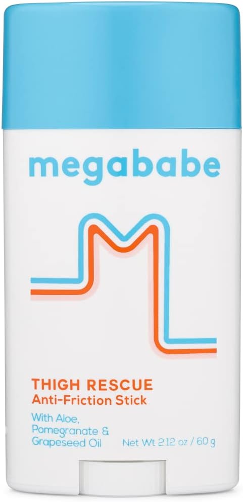 image is of megababe anti-friction stick. container is white with blue and orange letters; the cap is blue.