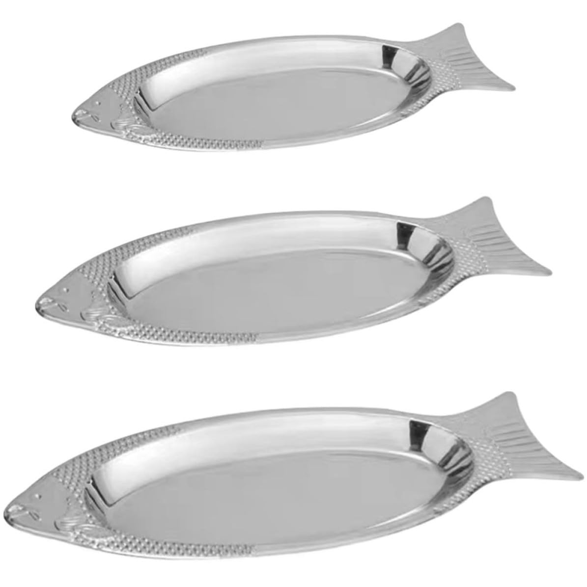 Bandeja de Pescado de Acero Inoxidable 3 Piezas Imán | Plata, Apta para Vapor y Horno, Acabado Liso, Diseño en Forma de Pez para Restaurantes y Hoteles