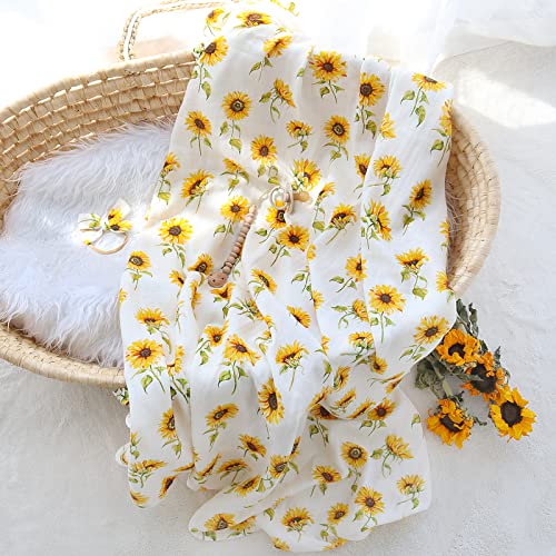 Image of LifeTree Baby Muslin Swaddle Blankets for Boys & Girls, Newborn Swaddle Set with Matching Headband Bow, Infant Blanket Wrap, 47 x 47 inches, Sunflowers, 70% Viscose from Bamboo and 30% Cotton