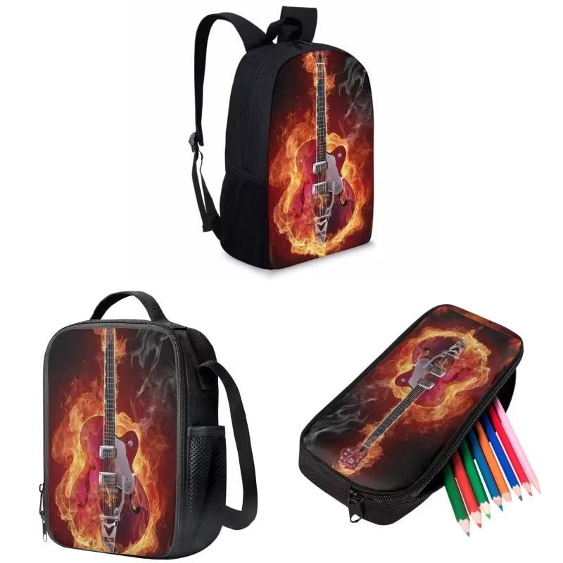 AmzPrint 3 In 1 Flame Fire Guitar Backpack And Lunch Bag Set For Girls Elementary 17 Inch Childrens School Backpacks Black3