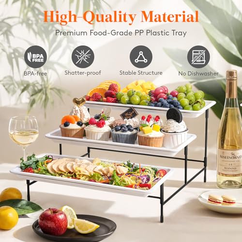 Lifewit 3-Tier 35.5x16.5cm Plastic Serving Platter, Reusable Tray with Collapsible & Stable Metal Stand – Ideal for Lightweight Food Display at Party, Afternoon Tea Cake, Fruit, Cookies, Dessert - Image 4