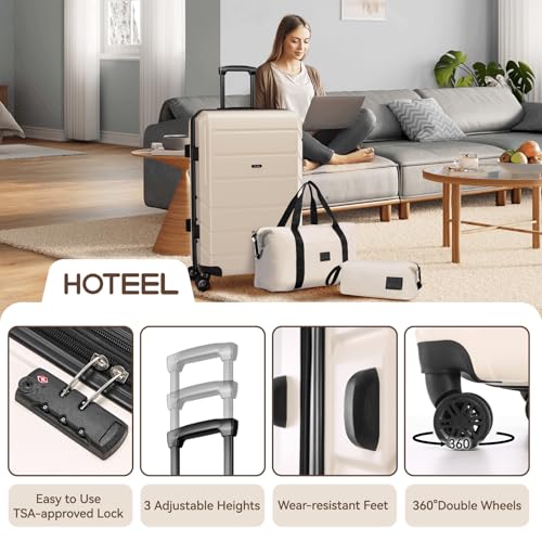 Image of Hoteel Luggage Sets 3 Piece Expandable (4-YEARS WARRANTY) ABS+PC Hardshell Carry On Luggage Airline, Carry on Suitcase with Spinner Wheels & TSA Lock for Travel, Business, Beige (20in /DB /TB)
