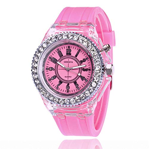 ZN Montres De Couple De Montre De Bande De Silicone, Montres-Bracelets De Sport Multifonctionnelles, LED éTudiants De Montre De Strass Lumineux Amants Montres Rose