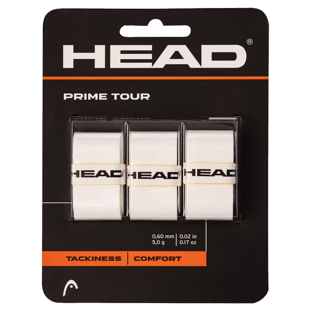 HEAD Prime Tour Tennis Grip | Comfort & Tackiness Feel | Non-Slip & Balanced Grip | Moderate Cushioning | Pack of 3 Pcs | Color: White
