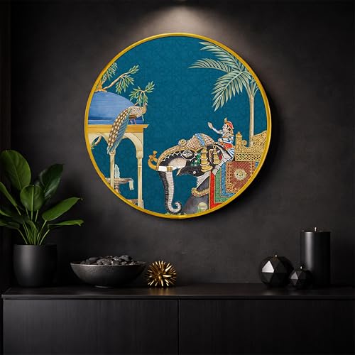 Image of Royal Elephant Mughal Garden Round Framed Wall Art Painting For Living Room | Traditional Indian Rajasthani Arched Jharokha Wall Art Painting With Frame for Home, Bedroom & Office, 16 Inch