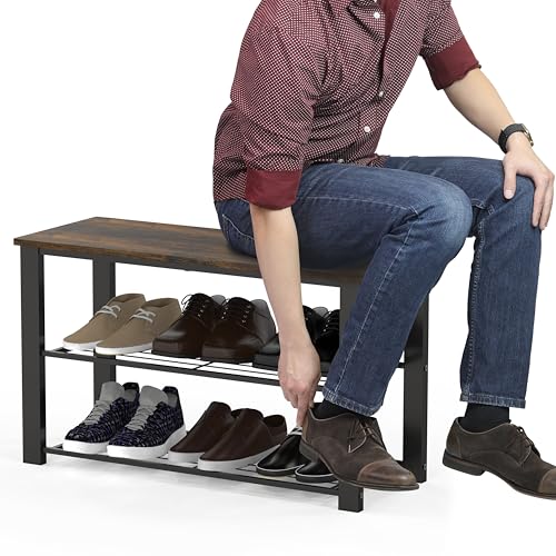 Image of Simple Houseware Wood Top Shoe Storage Bench for Entryway, Rustic Brown