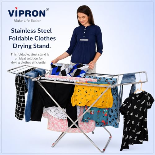 Image of Stainless Steel Foldable Clothes Drying Stand Double Rack | Heavy Duty Laundry Dryer Stand | Rust Proof Indoor Outdoor Cloth Drying Rack | Space Saving Design | 120x54x4 cm