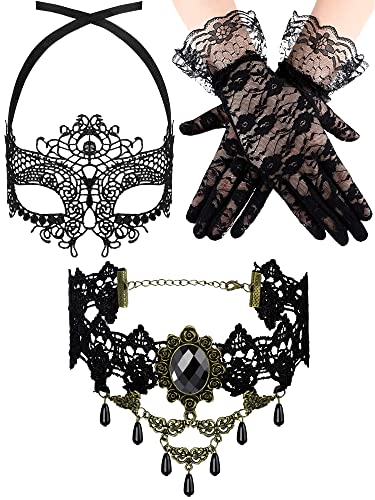 Boao Halloween Masquerade Costume Set for Women, Lace Masquerade Mask Gloves Gothic Choker Necklace Cosplay Accessories