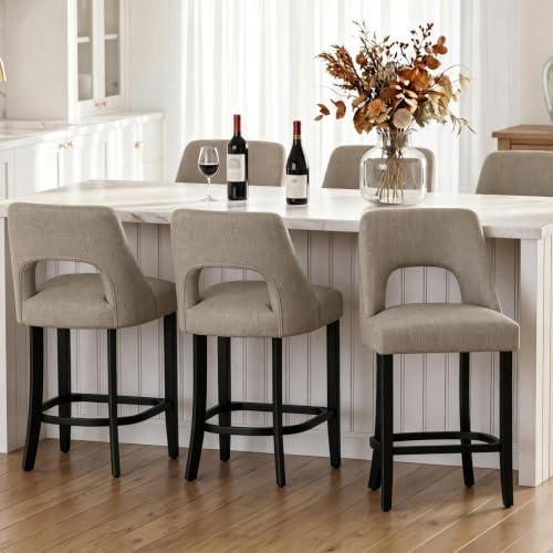Image of UVV Bar Stools Set of 6, Upholstered Counter Height Bar Stools, Modern Counter Stools with Wood Legs for Kitchen Island Dining Room Bar, Khaki-Black Legs