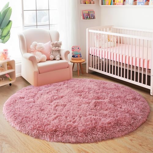 6‘x6’ Blush Round Rugs for Girls Bedroom, Ultra Soft Fluffy Circle Rug for Kids Room, Cute Shag Rugs for Living Room Playroom Tent Castle Home Decor Rug