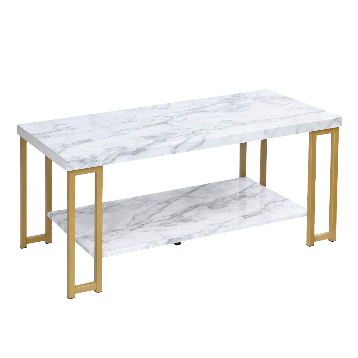 COSTWAY 2-Tier Coffee Table, Marble Effect Cocktail Center Table with Storage Shelf, Golden Metal Frame Accent Sofa Side Tea Table for Living Room, Bedroom and Office (Straight Legs)
