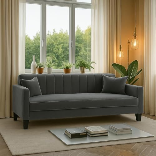 Image of FURNY Roveno 3 Seater Fabric Sofa Set for Living Room (Dark-Grey) Premium Velvet Finish | Durable & Comfortable Sofa | Ideal for Living Rooms