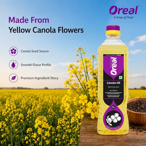 Image of Oreal Premium Pure Canola Oil, 1 Litre for Cooking | Natural | Chemical-Free | Healthiest Cooking Oil | Rich in Omega-3 and Omega-6 | Improve in Metabolisms & Keeps Active | Preservative Free Suitable for all Ages