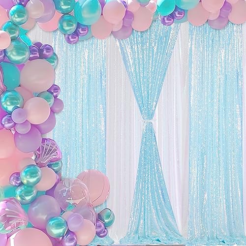 Image of Sequin Backdrop Curtains 4 Pieces 2ftx8ft Mermaid Blue Sparkly Background Fabric for Under The Sea Little Mermaid Birthday Party