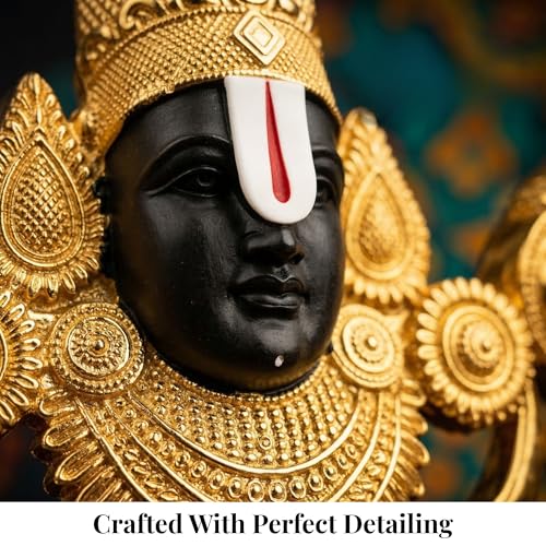 Image of 24K Gold Plated Lord Venkateswara Swamy Idol | Auspicious Tirupati Balaji Murti for Home Temple Decor | Sacred Pooja Room Statue with Wooden Base & Black Face | Spiritual Showpiece.