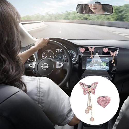 Image of 4 Pcs Heart and Butterfly Pandent Air Vent Clips, Car Air Fresheners Vent Clip, Crystal Car Vents Accessories, Bling Airs Vents Clips Cars Accessories