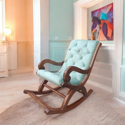 Image of Solid Sheesham Wood Rocking Chair for Living Room | Ergonomic Resting Chair for Relaxing and Pregnant Women (Sky-Blue)