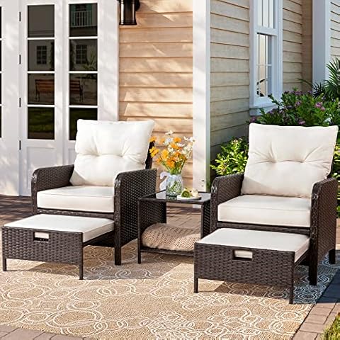 Vongrasig 5 Piece Wicker Patio Furniture Set, All Weather PE Wicker Rattan Outdoor Chair and Ottoman Set, Small Cushioned Patio Chairs with Ottoman Underneath for Lawn Garden Backyard (Beige) Cover