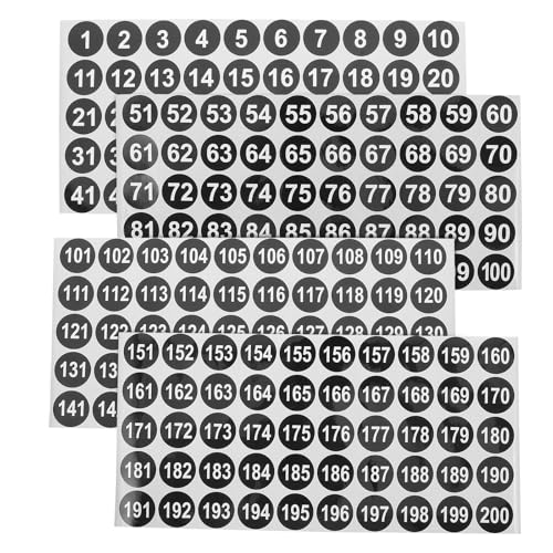 EXAOMBLE Pegatinas Adhesivas Numeradas de Vinilo Negro, Redondas y Compactas, 4 Hojas Números del 1 al 200, Ideales para Casilleros y Puertas en Oficina y Almacenamiento