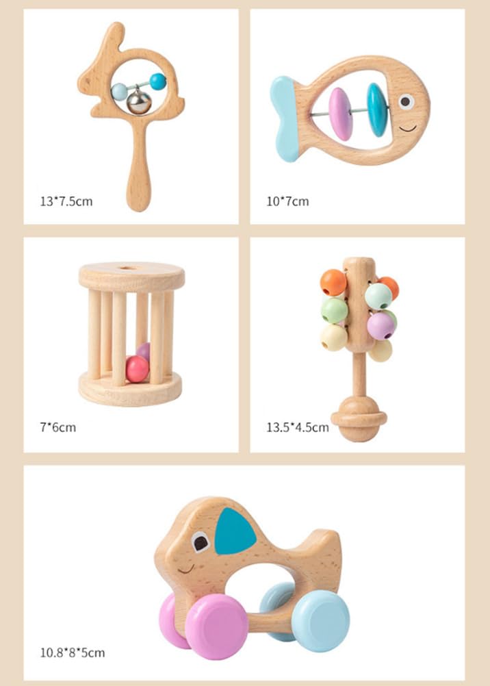Holz-Babyrassel 5er-Set, sensorisches Handrassel-Spielzeug | Säuglings-Zahnungsspielzeug, Neugeborenen-Sinnesrassel, Baby-Handrassel