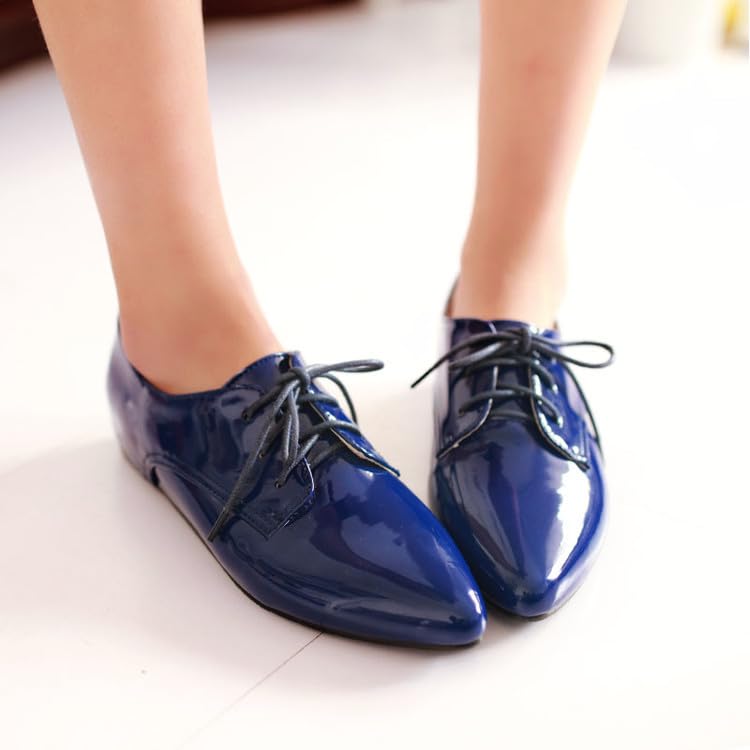 Women Lace Up Derby Shoes Glossy Patent Pointed Toe Flat2