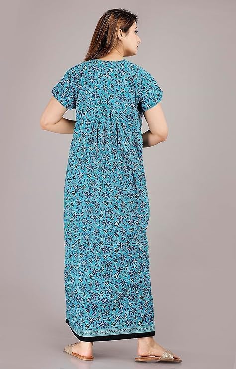 Image of NILOUFO Women's Cotton Printed Maxi Nighty - Pack of 2 | Soft Ankle-Length Sleepwear Gowns for Women | Free Size Night Dresses (Blue,Brown1, Free Size)