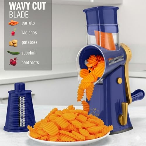 Image of Zulay Kitchen Rotary Cheese Grater 5 Blade Cheese Shredder - Manual Hand Crank Cheese Grater With Reinforced Suction & 5 Interchangeable Drums - Easy to Use, Vegetable Chopper Round Mandoline Slicer