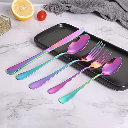 Image of Rainbow Silverware Set, Rainbow Flatware Set for 4, Stainless Steel Tableware Cutlery Set, Utensil Sets for Kitchen, Forks and Spoons Silverware (Rainbow, Set of 20)