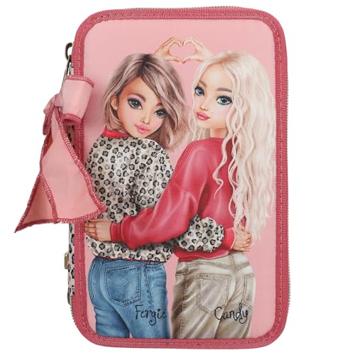 Depesche 13639 TOPModel Leoheart - Estuche de 3 Compartimentos en Rosa y Rojo, con Motivo de Modelo y Estampado Leo, Estuche con lápices de Colores, Tijeras, Regla y Mucho más.
