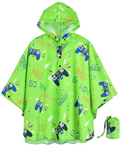 WAWSAM Videospiel Regenjacke Wiederverwendbar Leicht Regenponcho für Kinder Jungen Go Win Level Up Wasserdichter Grüner Regenmantel mit Kapuze und Beuteltasche