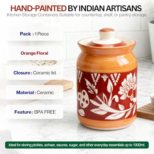 Image of Orange Mushroom Ceramic Handglazed Pickle Jars Set of 1-1000 ML Each | 1 kg Achaar Martban Barni Jar with Lid | Ceramic Storage Jar Container Pickle, Chatney