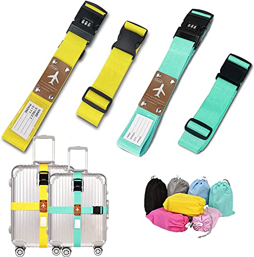 2 Pièces Sangle de Bagage Reglable, Sangle pour Valise de Voyage avec Serrure à Combinaison et Boucle,Sangle Valise Voyage avec Etiquettes à Bagage pour Sécurité des valises (Jaune+Vert) Cover